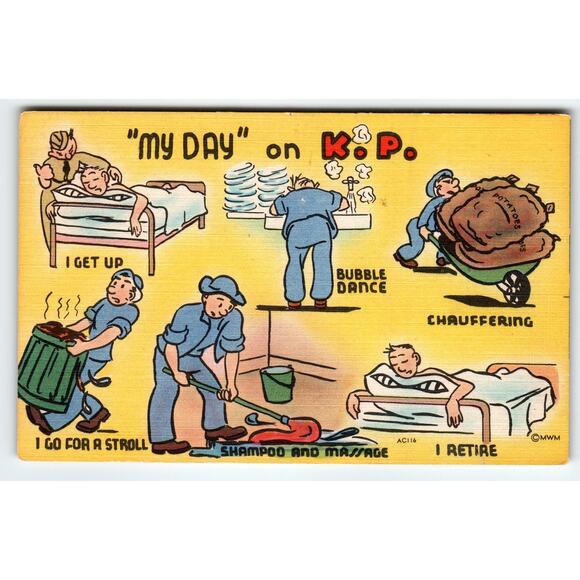 Vintage Linen Comic Postcard 'My Day' on K.P. by MWM 1940s - Picture 1 of 2